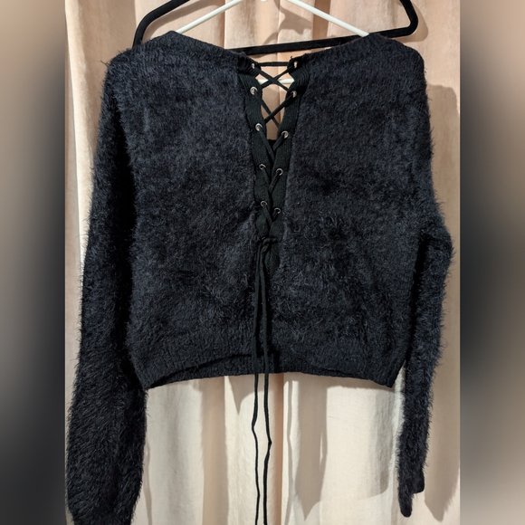 Killstar Fuzzy Crescent Moon Cropped Sweater With Laced Back Corset Ties - Picture 2 of 2